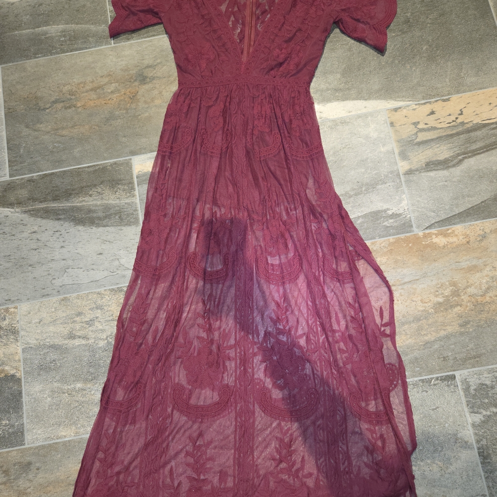 Wild Honey Burgundy Lace Maxi Dress